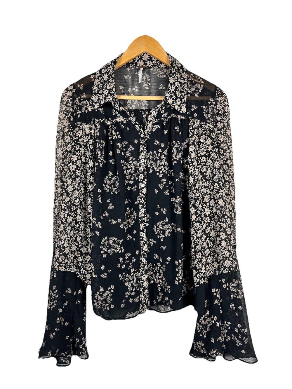 Free People Floral Sheer Bell Sleeve Button Front Boho Blouse Black Medium - Picture 2 of 11